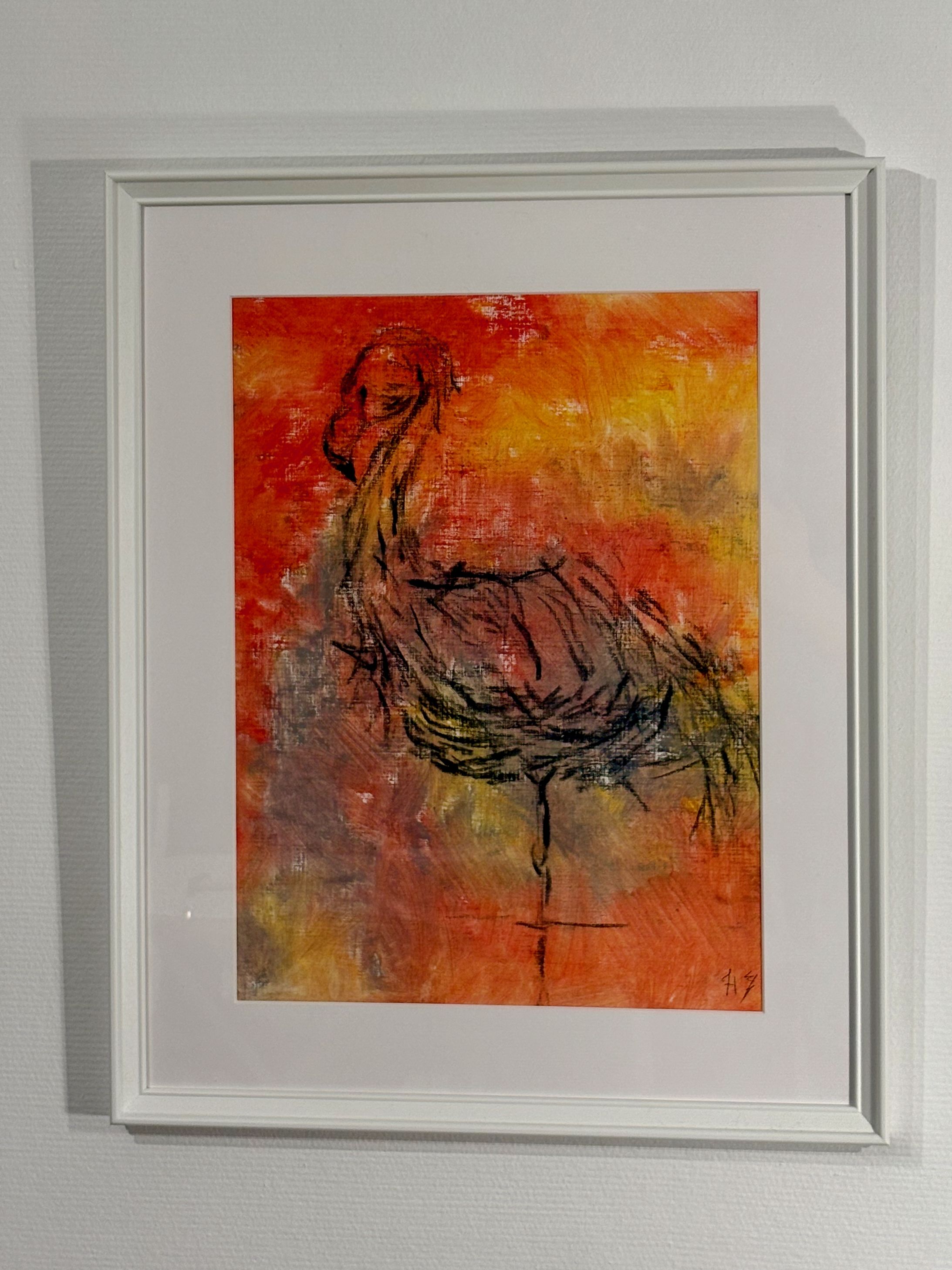 peinture d'un flamant rose, dans un style figuratif, l'accent est mis sur la représentation de la douceur des plumes, et le fond est dans les tons oranges